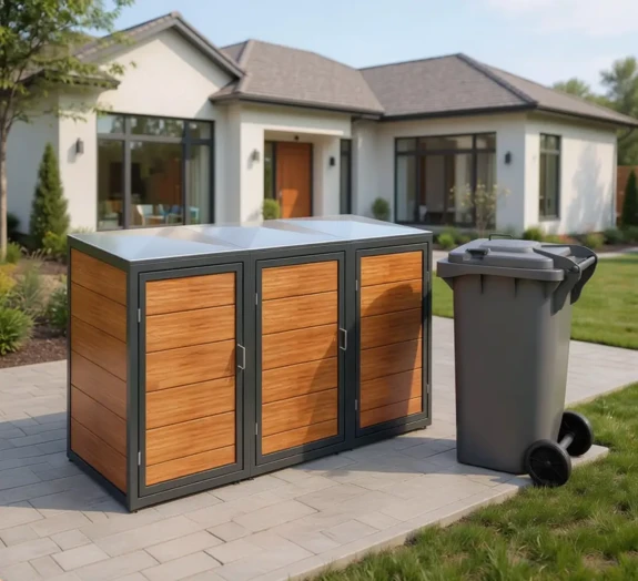 Mülltonnenbox aus Aluminium vor einem Einfamilienhaus